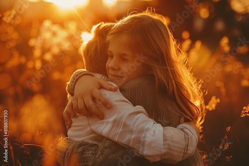 family love bonding connection unity embrace hugging golden hour sunset urban city lifestyle conceptual photography heartwarming happiness tender joy togetherness  photo