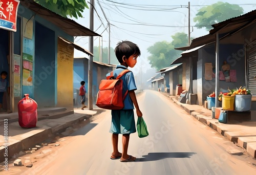 A poor and hungry child on his way to school looks longingly at the fruits lying on the roadside stalls - children rights photo