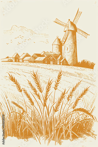 Rural landscape with windmill and village. Farm and wheat field with harvest. Autumn nature. Illustration in vintage engraving style for design banner, poster, background © ratatosk