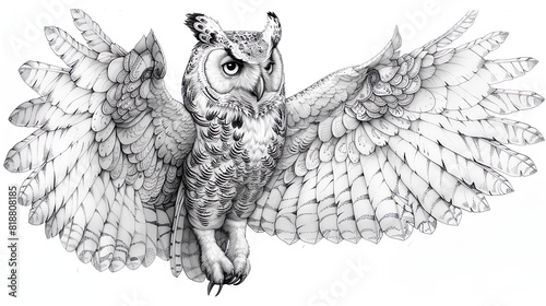 black and white illustration of an owl, coloring book for children