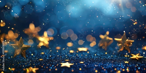  Abstract background with Dark blue and gold glowing stars and particle. New year, Christmas background with gold stars and sparkling © Vladyslav  Andrukhiv