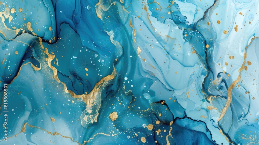 Abstract blue and gold paint splash background with golden stains. Cyan marble alcohol ink drawing effect
