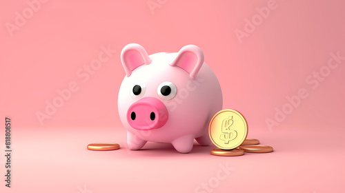 3d render pink piggy bank saving money coin with plastic cartoon minimal style.