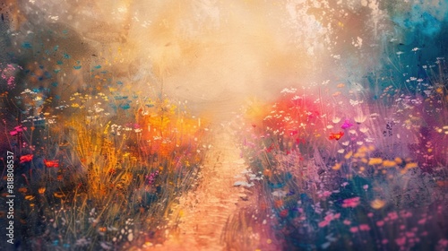  Abstract blurred floral background. A field of colorful wildflowers and a path at sunrise painted with oil paints. Colors of rainbow