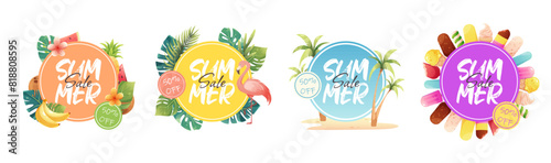 Set of round tags Summer Sale. Posters, advertising banners, discount stickers. Vector cartoon illustration with palm trees, ice cream, tropical elements