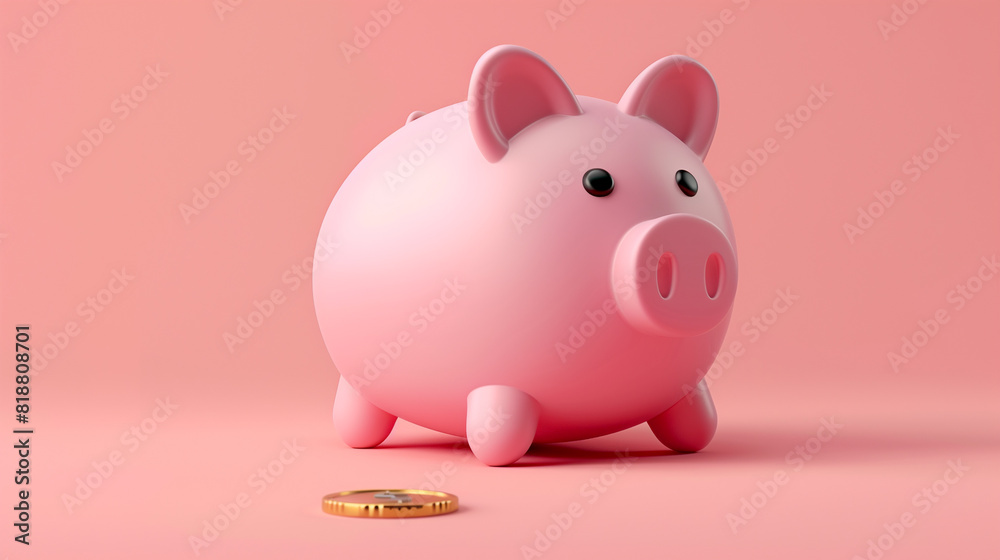 3d render pink piggy bank saving money coin with plastic cartoon minimal style.