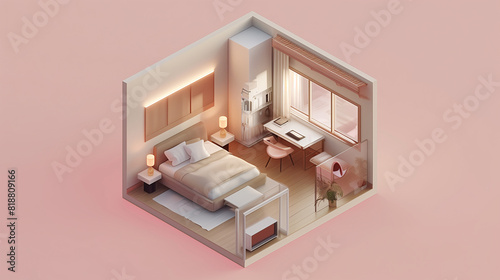 Isometric view of a master bedroom,residential area, 3d rendering.