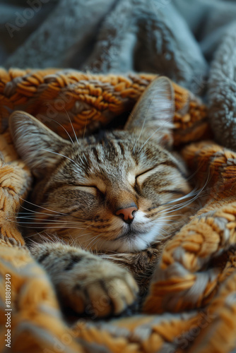 A sleepy cat with half-closed eyes and a relaxed, contented expression, curled up in a cozy bed, © Oleksandr