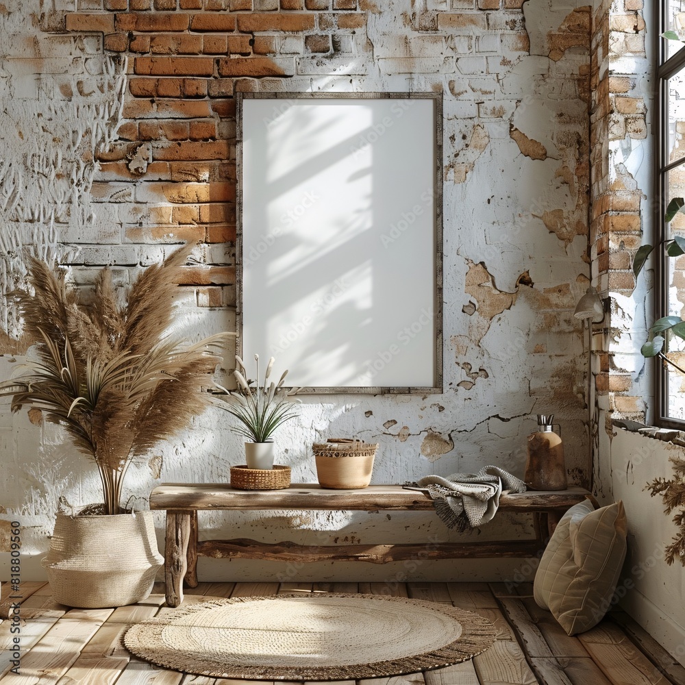 Poster Frame Mockup cozy, bohemian-style room featuring a weathered wooden bench, soft poufs, and elegant pampas grass. Natural light streams through large windows, highlighting the textured Poster Frame Mockup cozy, bohemian-style room featuring a weathered wooden bench, soft poufs, and elegant pampas grass. Natural light streams through large windows, highlighting the textured