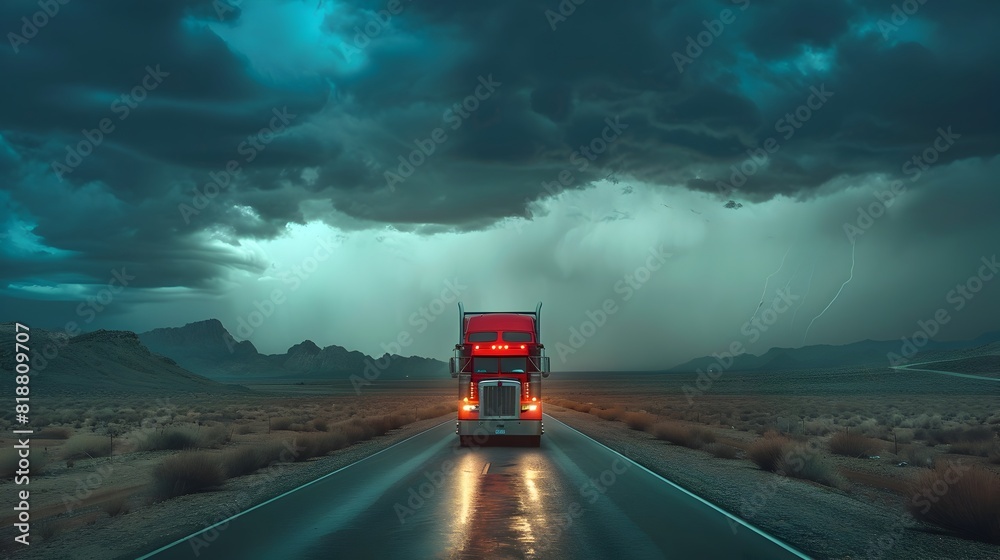 Solitary Semi Truck Braving the Dramatic Desert Storm on the Open Highway Solitary Semi Truck Braving the Dramatic Desert Storm on the Open Highway