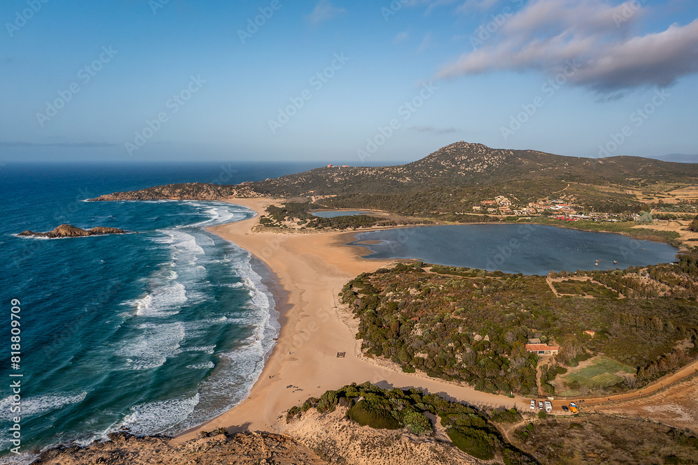 Fototapeta premium Aerial View of Su Giudeu beach in Chia, Sardinia, Italy