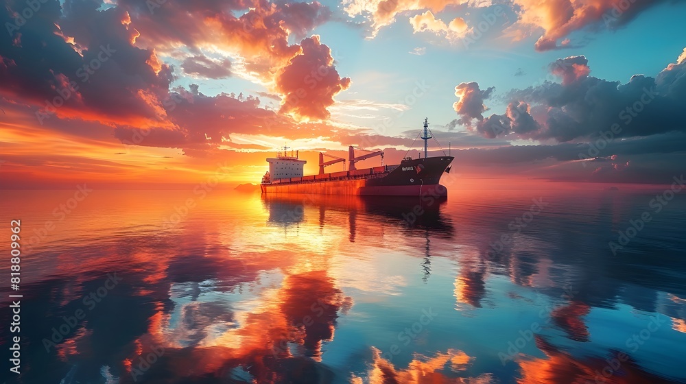 Serene Sunrise Cargo Ship Reflection on Calm Waters