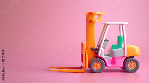 Toy cartoon forklift isolated on pastel light flat background with copy space. Pink, green, orange palette colors.