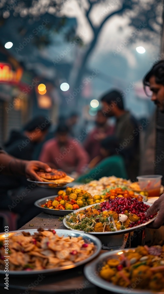 Several people are serving themselves food at a buffet table, indian food 