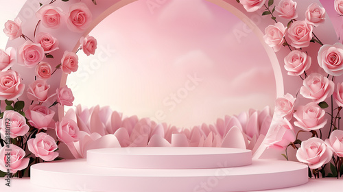 Podium background flower rose product pink 3d spring table beauty stand display nature white. Garden rose floral summer background.