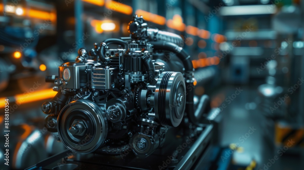 A machine with a black engine is on display in a factory A machine with a black engine is on display in a factory