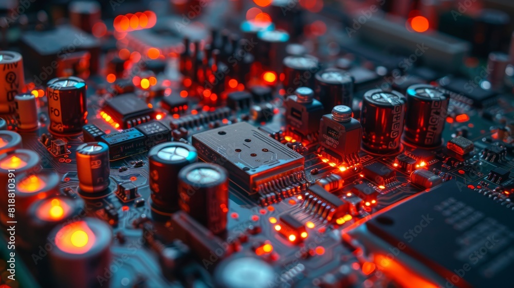 A close up of a computer chip with a red glow A close up of a computer chip with a red glow