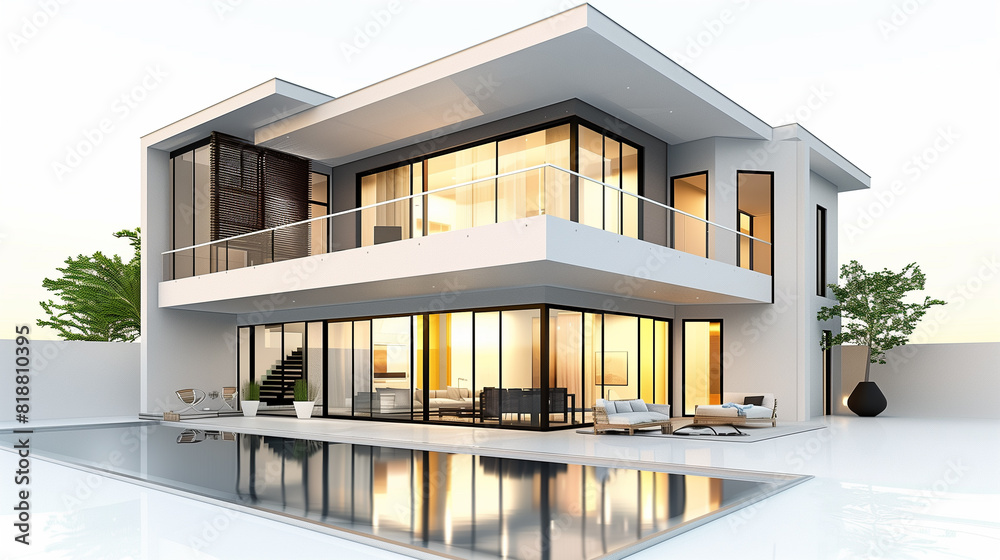 House 3d modern style rendering on white background. House 3d modern style rendering on white background.