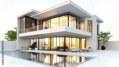 House 3d modern style rendering on white background. © aekkorn