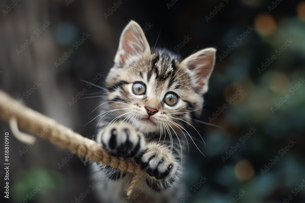 A playful kitten with bright, eager eyes and a wide grin, pouncing on a piece of string,