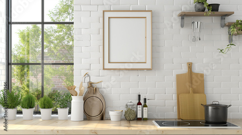 Mock up poster frame close-up in kitchen interior, American style, 3d render. photo