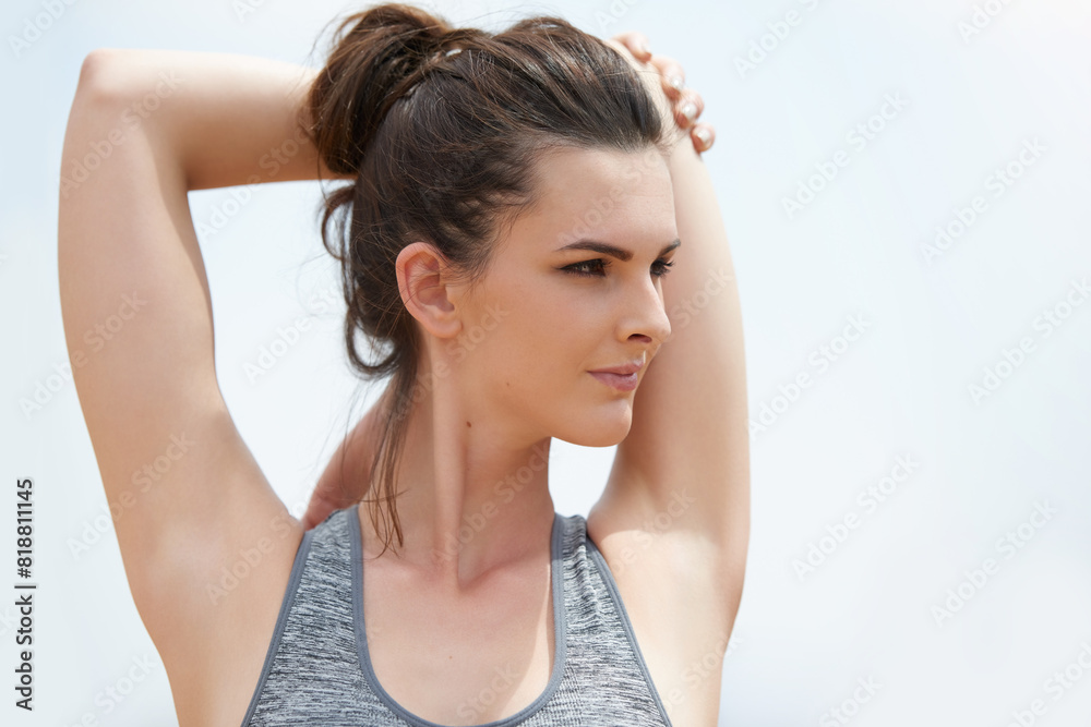 Woman, outside and stretch arm for fitness outside, workout and body preparation with athlete for wellness exercise. Sports, loosen muscle and health with runner, warm up and mockup for performance Woman, outside and stretch arm for fitness outside, workout and body preparation with athlete for wellness exercise. Sports, loosen muscle and health with runner, warm up and mockup for performance