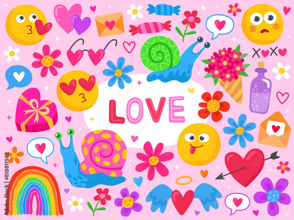 Colorful icons of love and romantic theme. Love and romantic doodle set. Snails, rainbow, hearts, flowers. Valentines day. Elements for cards, patterns, invitation. Colorful icons of love and romantic theme. Love and romantic doodle set. Snails, rainbow, hearts, flowers. Valentines day. Elements for cards, patterns, invitation.