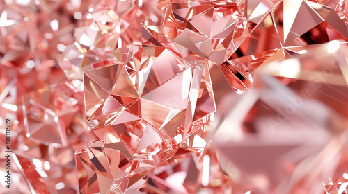 3d render, abstract rose gold crystal background, faceted copper metallic texture, macro panorama, wide panoramic polygonal wallpaper