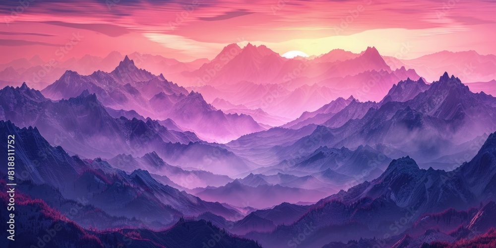 Abstract organic art concept of a mountain landscape at sunset