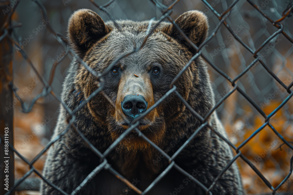 Obraz premium Scene of a bear peering through a fence, its powerful form abstracted by the grid pattern of the mesh,
