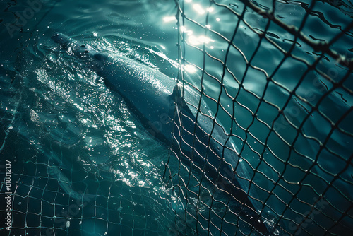 Illustration of a whale's shadow seen through the grid of a fishing net, creating a poignant sense of entrapment. photo