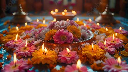 A beautifully decorated thali (plate) with multiple diyas and flowers