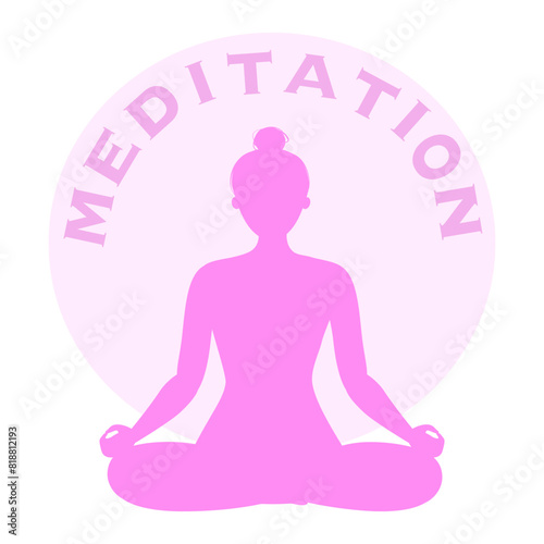 Yoga Fitness Icon. Flat Design Isolated Illustration. With girl sitting in lotos pose in pink colours. With circle on background and text