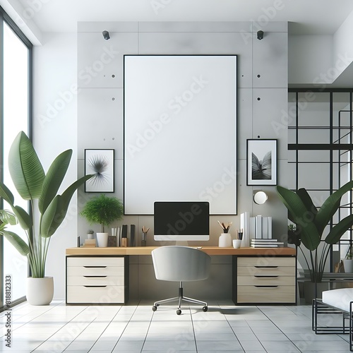 A Room with a mockup poster empty white and with a computer desk in office and plants art print design has illustrative lively.