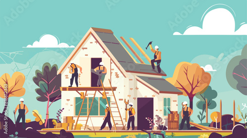 Four of male workers constructing cottage vector flat