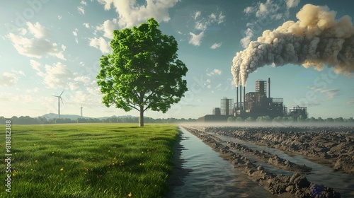 Compare a green tree and meadow with clear air to a factory emitting pollution and its effects on climate change, 3D illustration rendering