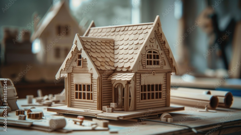 Actively building a wooden house. Fantasy miniature Actively building a wooden house. Fantasy miniature