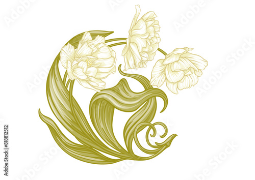 Terri Tulip flowers, decorative flowers and leaves in art nouveau style, vintage, old, retro style. Clip art, set of elements for design Good for print on T-shirts, bags, tattoo. Vector illustration.