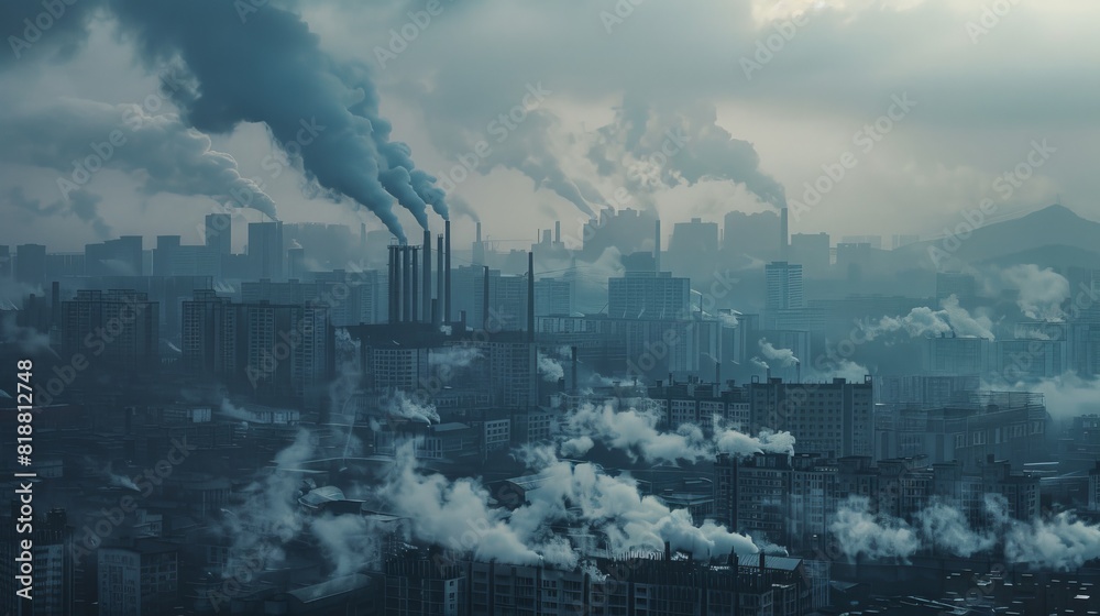 Greenhouse gas emissions and pollution from factories creating dirty air over the city with a negative impact on human health