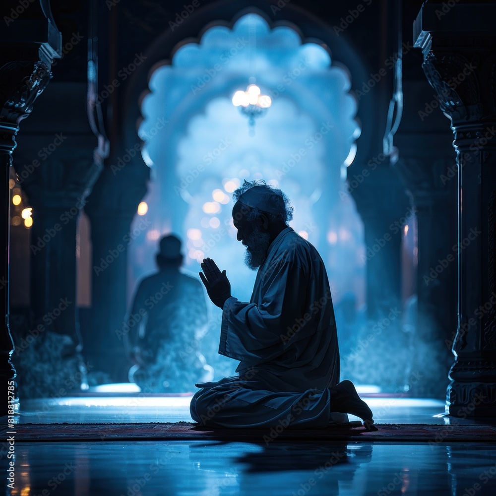 A man is praying in a dark room of the mosque, with a curved door frame on his right side. He knelt down and raised one hand in prayer, illuminated by a force of blue light from behind him. A man is praying in a dark room of the mosque, with a curved door frame on his right side. He knelt down and raised one hand in prayer, illuminated by a force of blue light from behind him.