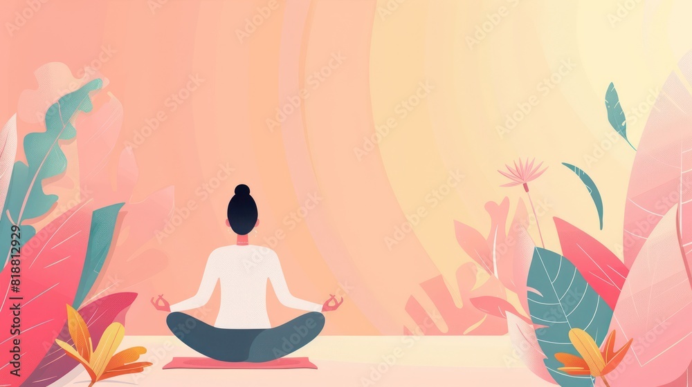 Illustration of a peaceful person meditating in a serene, nature-inspired setting with pastel colors