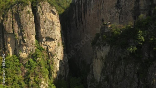 Drone shot of the suspension bridge at Fangdong scenic area in Yandang Mountains in Zhejiang, China photo