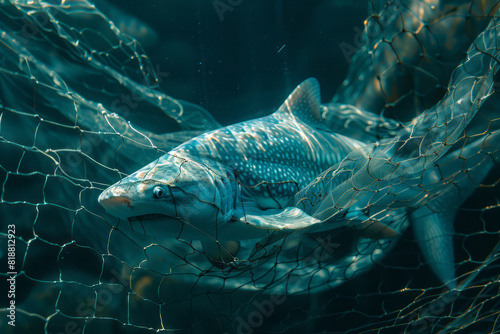 Illustration of a shark swimming in an aquarium, its form distorted by the rippling lines of a netted barrier, photo