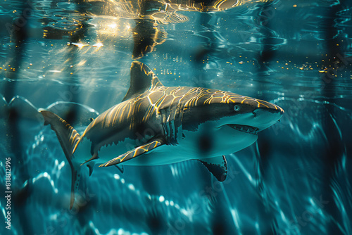 Illustration of a shark swimming in an aquarium, its form distorted by the rippling lines of a netted barrier, photo