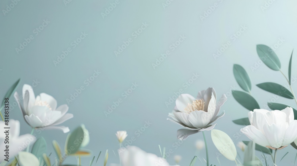 This image features beautiful white flowers with detailed petals and serene green foliage against a peaceful blue background, invoking a sense of tranquility and elegance This image features beautiful white flowers with detailed petals and serene green foliage against a peaceful blue background, invoking a sense of tranquility and elegance