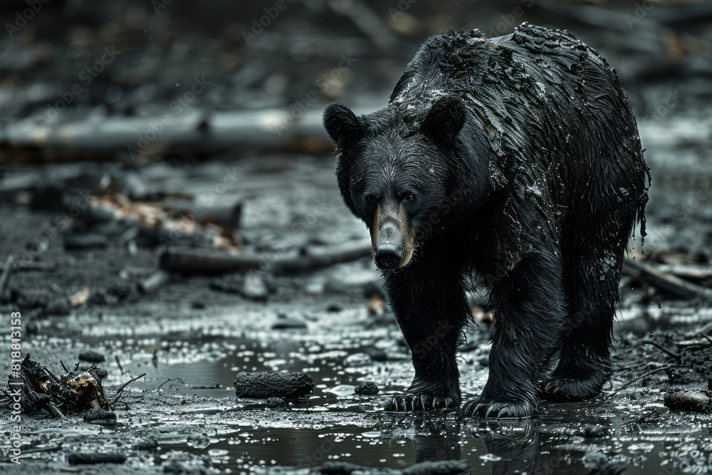 Scene of a bear with a silhouette that fades into fragments, emphasizing the loss of its natural habitat, Scene of a bear with a silhouette that fades into fragments, emphasizing the loss of its natural habitat,