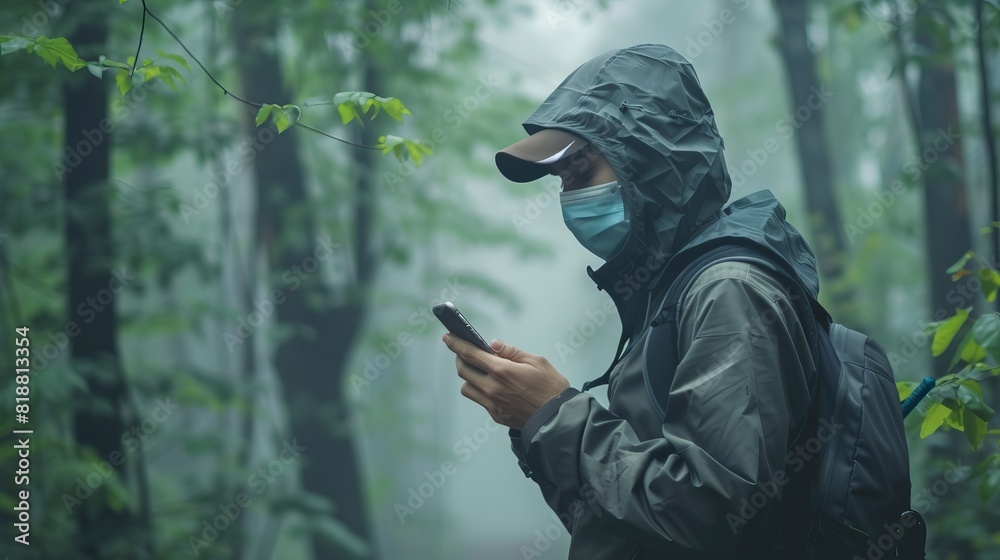Man scanning the weather on his mobile phone. Ecological concept: allergies, headache, N95 PM 2.5 from air pollution and dust beyond safety standards, health care, environment