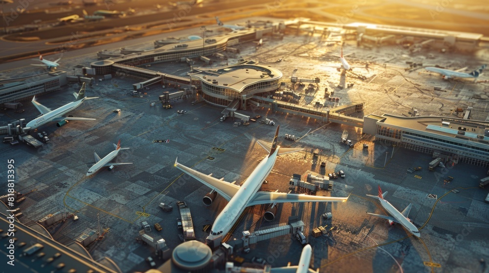  Aerial View of a 3D Commercial Airport Render with Airplanes, Passenger Terminals, Runway and Service Machinery