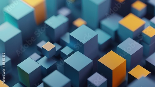 A visually captivating image showcasing an array of 3D geometric cube shapes in various shades of blue and orange