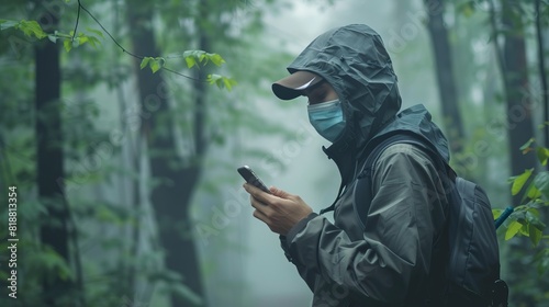 Man scanning the weather on his mobile phone. Ecological concept: allergies, headache, N95 PM 2.5 from air pollution and dust beyond safety standards, health care, environment photo